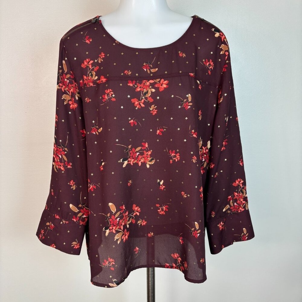 Maurices Top XL Burgundy Floral‎ 3/4 Sleeve Sheer Blouse Women's